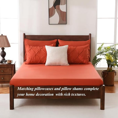 Sheet&Joy King Size Comforter Set, 7-Piece Bed in a Bag, Pintuck Bedding Set for All Season, Includes Comforter, Flat Sheet, Fitted Sheet, Pillowcases and Pillowshams, Orange