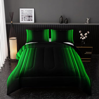 Green and Black Bedding Set Twin Size Abstract Ombre Comforter Set for Teen Boys, Mordern Bedding Set 3 Piece in A Bag,Dark Quilt Set Mordern Art Decor Lightweight All Seasons with Pillowcases