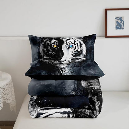Erosebridal Boys Tiger Bedding Set Queen Size, African Safari Animal Comforter Set Exotic Wildlife Down Comforter Black White Soft Microfiber Quilt for Adult Teens Youth Men Bedroom Decor