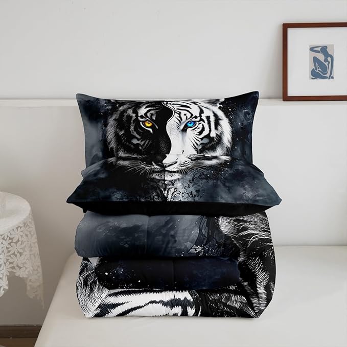 Erosebridal Boys Tiger Bedding Set Full Size, African Safari Animal Comforter Set Exotic Wildlife Down Comforter Black White Soft Microfiber Quilt for Adult Teens Youth Men Bedroom Decor