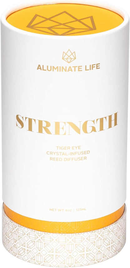 Crystal Infused Reed Diffuser, 4 OZ, Strength - Tiger Eye Crystal Infused - Scents of Cedarwood, Amber, & Sage - Home Decor, House Warming, Room, Stick Perfume, Shelf or Coffee Table