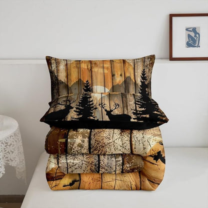 Feelyou Western Rustic Bear Comforter Set, Wooden Farmhouse Bedding Queen, Hunting Wild Animal Quilt Forest Animal Wildlife Hunting Bedding Comforter Sets Kids Boys Teens Adult Men Bedroom Decor