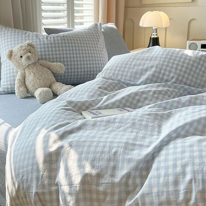 Nayoroom Blue Gingham Comforter Set Queen Size Plaid Checkered Comforter 3 Pcs Soft Lightweight Grid Farmhouse Dorm Bedding Set for All Seasons (1 Comforter, 2 Pillowcases)