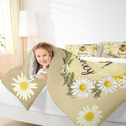 Erosebridal Kawaii Honey Bee Bedding Set Queen Cute Geometric Honeycomb Comforter Set Farm Rustic Daisy Floral Comforter for Kids Girls Teen Women,Soft Lightweight Quilt Duvet with 2 Pillow Cases