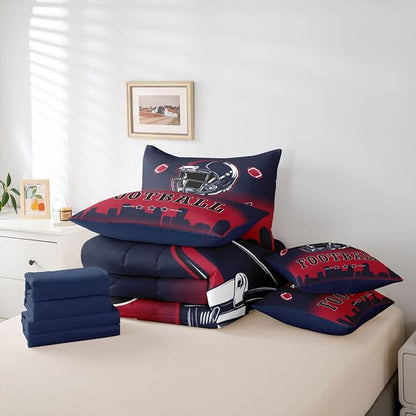 Erosebridal American Soccer City Bed in A Bag Full Size for Kids Boys Teen Adults,Sports Rugby Comforter Set with Sheets Red Blue Ombre 7 Piece Bedding Set Ball Competitive Games Bed Set