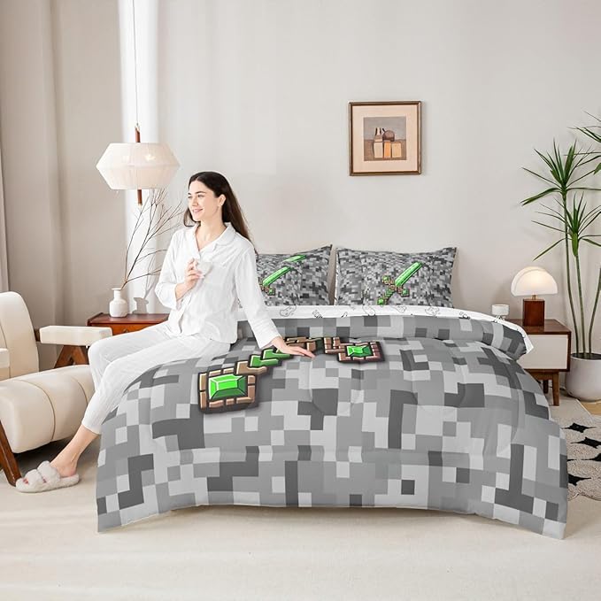 Castle Fairy Green Gemstone 7 Piece Comforter Sets King Size,Green Brown Sword All Season Reversible Bed in a Bag Grey Pixel Bedding Sets Miner Theme Square Flat Sheet,Fitted Sheet,Pillowcases
