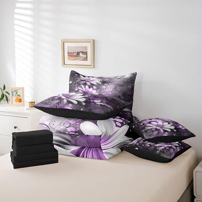 Feelyou Girls Vintage Flower Comforter Set with Sheets Twin Size 7 Pieces Kids Purple Daisy Florals Pattern Bedding Set for Boys Women Teens Butterfly Botanical Nature Garden Theme Bed in a Bag