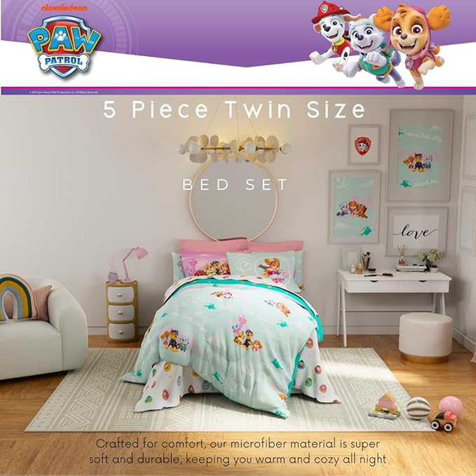 Paw Patrol Girl Skye Kids Bedding Super Soft & Cozy Reverisble Microfiber Comforter and Sheet Set with Sham, 5 Piece Twin Size, (Officially Licensed Product) by Franco