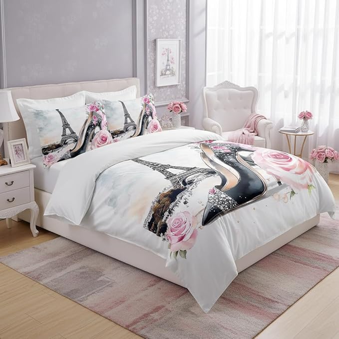 Eiffel Tower Comforter Set Twin Size, Pink Rose High Heels Bedding Set for Kids Bedroom Decor/68 * 86