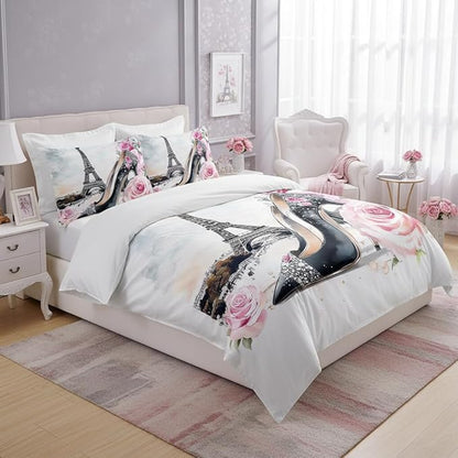 Eiffel Tower Comforter Set Twin Size, Pink Rose High Heels Bedding Set for Kids Bedroom Decor/68 * 86