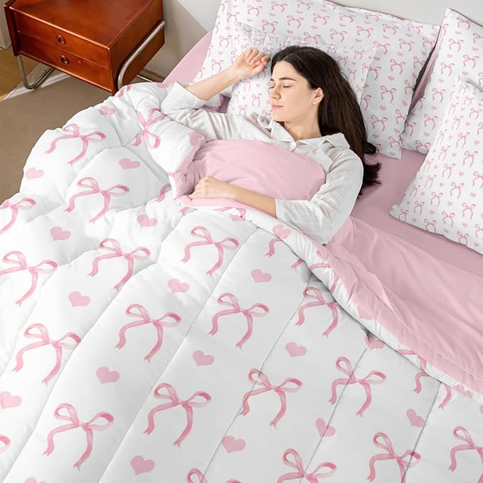 Erosebridal Bowknot Love Hearts Pink White King 7-Piece Comforter Set | Ribbon Bow Kawaii Sheets and Pillowcases Girly Kids Cute Dreamy Bed in A Bag Women Teens Adults Bed Sets
