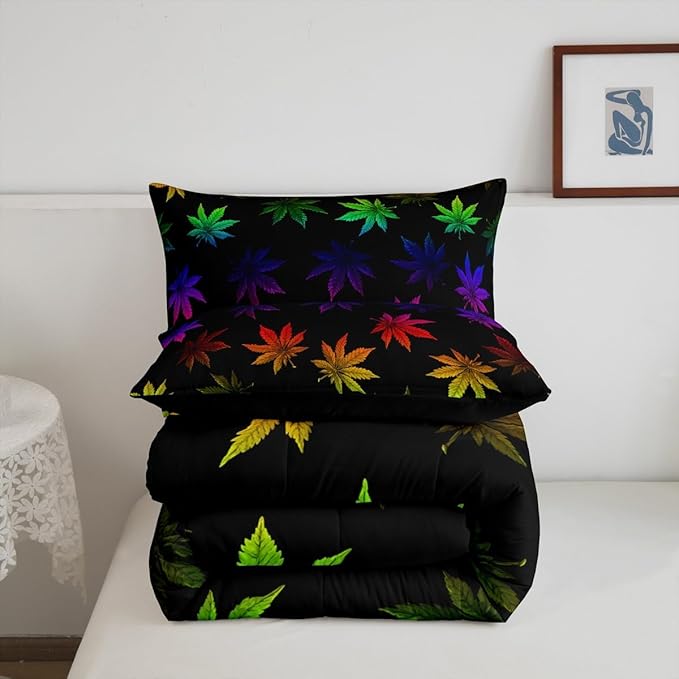 Erosebridal Rainbow Leaf Bedding Toddler, Leaves Comforter Set for Women Girls Men,Nature Botanical Plants Down Comforter,Neon Tie Dye Hippie Bedding Comforter Sets