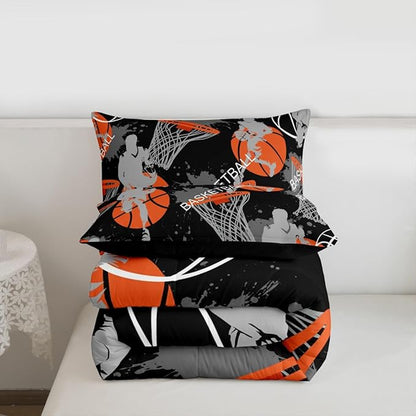 Erosebridal Sports Comforter Sets for Kids Boys Teens,King Size Black Basketball Bedding Set,3D Basketball Player Comforter Duvet Set,Ball Game Printed Quilt Set with 2 Pillowcases Warm