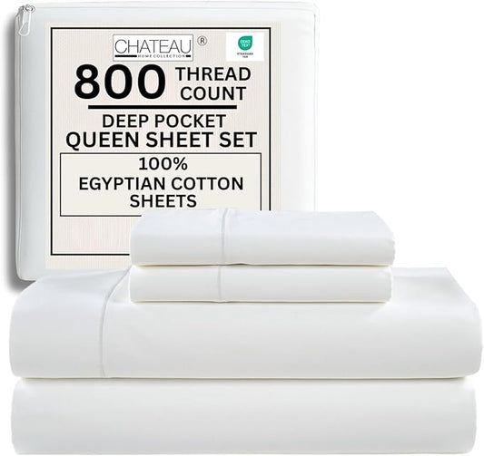 100% Egyptian Cotton Sheets Queen Size Bed Set, Deep Pocket Queen Sheet set, 800 Thread Count Sateen Cotton Bed Sheets, Cool Soft Breathable No Pill Elasticated Luxury White Bedding For All Seasons