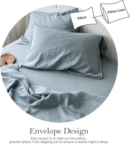 Simple&Opulence Washed Linen Bed Sheet Set Basic Style 4 Pieces (1 Flat Sheet & 1 Fitted Sheet & 2 Pillowcases) 100% Natural French Flax Soft Breathable Farmhouse Bedding (Queen, Duaty Blue)