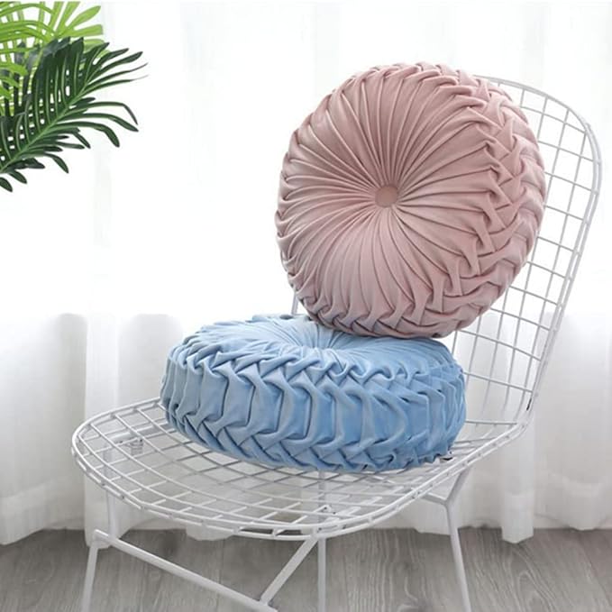 NatureMan 13.7 inch Round Sofa Cushion Pure Color Velvet Home Decor, Pleated Round Cushion, Pumpkin Pillow Suitable for Home Bed car Decoration (Light Blue)