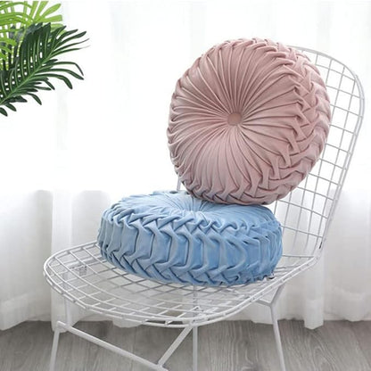 NatureMan 13.7 inch Round Sofa Cushion Pure Color Velvet Home Decor, Pleated Round Cushion, Pumpkin Pillow Suitable for Home Bed car Decoration (Light Blue)