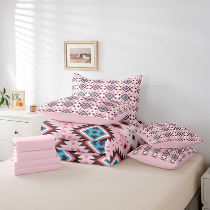 Erosebridal Boho Aztec Bed in A Bag King 7 Pcs Bohemian Southwestern Comforter Set for Women Men Western Ethnic Tribal Mexican Bedding Sets Pink Cowgirl Geometric Diamond Sheet Set with Comforter