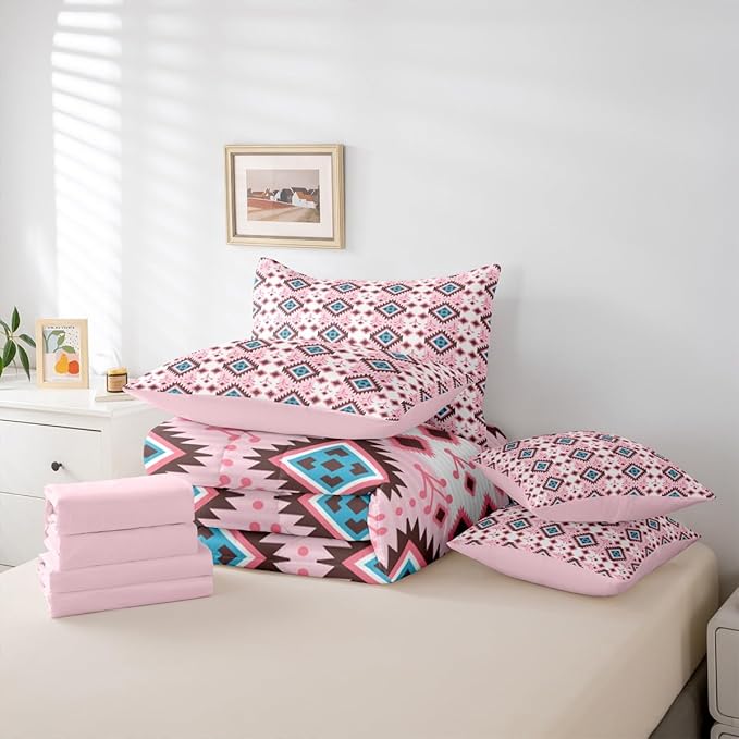 Erosebridal Boho Aztec Bed in A Bag Twin 7 Pcs Bohemian Southwestern Comforter Set for Kids Girls Western Ethnic Tribal Mexican Bedding Sets Pink Cowgirl Geometric Diamond Sheet Set with Comforter