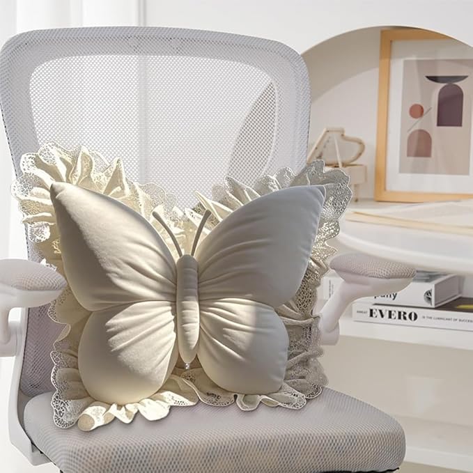Butterfly Throw Pillow,21.6 inch Velvet Butterfly Decorative Pillow with Lace Trim,Animal Pillow for Couch Living Room Bed,Home Garden Decor (Off-White)