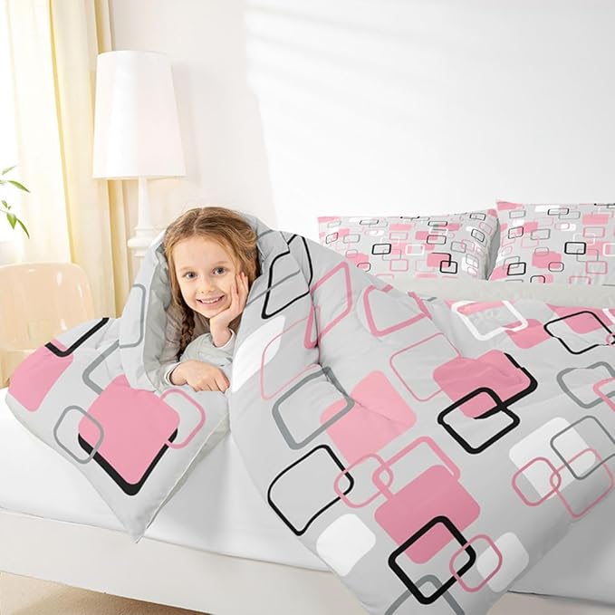 Erosebridal Pink Geometric Square Kids Comforter Sets Pink and Gray Striped Full Bedding Set for Girls Boys Minimalist Art Aesthetic Comforter Set Modern Abstract Plaid Quilt Duvet 3 Pcs