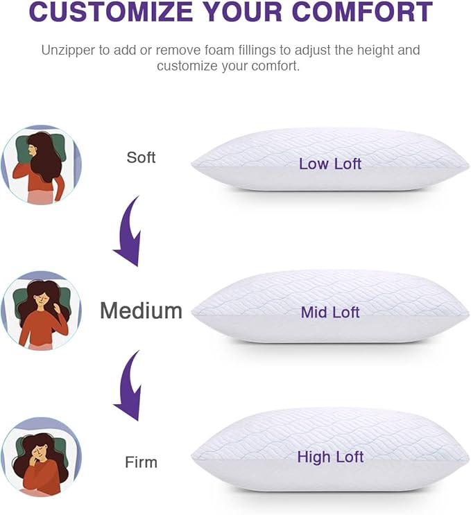 Cooling Pillows Standard Size Set of 4, Shredded Memory Foam Pillows with Zipper, Adjustable Firm for Sleeping Cool Cold Pillow for Hot, Side Sleepers,20x26,4 Pack