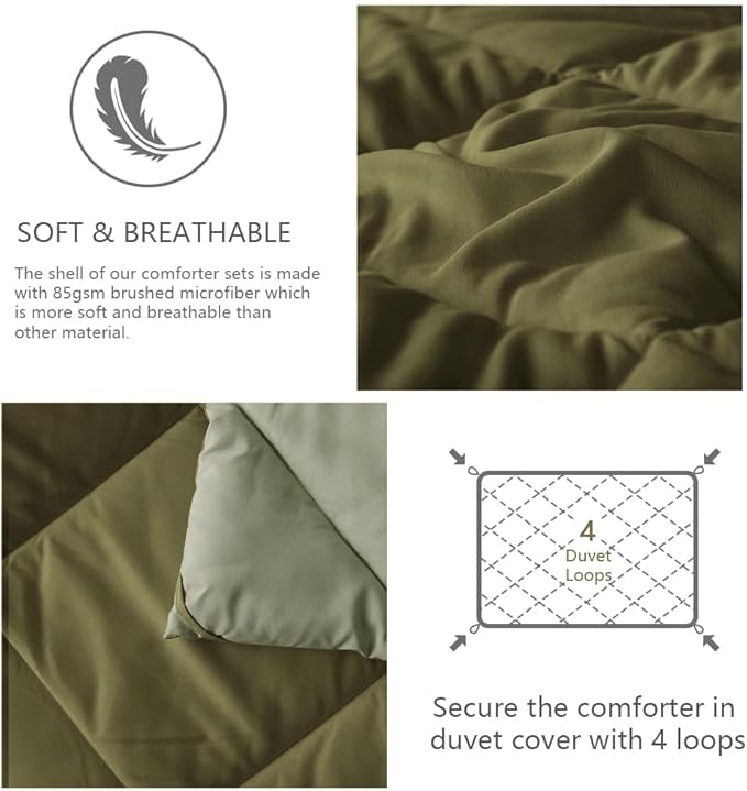NexHome Queen Comforter Set Olive&Sage,3 Pieces Lightweight Comforters Queen Size Reversible Bedding Comforters Sets,Down Alternative Comforter Bed Set Quilt Blanket(88x88In Comforter & 2 Pillowsham)