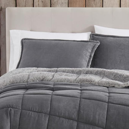 Eddie Bauer - King Comforter Set, Microsuede Bedding with Soft Sherpa Reverse, 3 Piece Bed Set with Matching Pillowcases (Sherwood Grey)