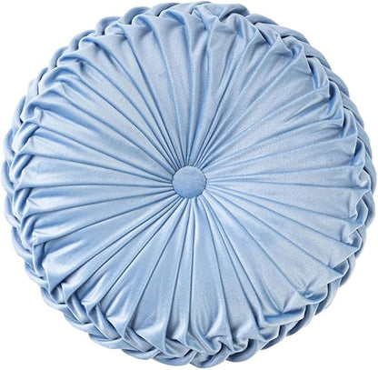 NatureMan 13.7 inch Round Sofa Cushion Pure Color Velvet Home Decor, Pleated Round Cushion, Pumpkin Pillow Suitable for Home Bed car Decoration (Light Blue)