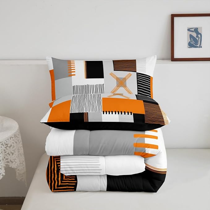 Erosebridal Orange Grey Comforter Set Twin Black White Abstract Bedding Set for Kids Teen Adults Geometric Square Quilt Grids Checkered Duvet Insert Modern Fashion Room Decor 2 Pcs