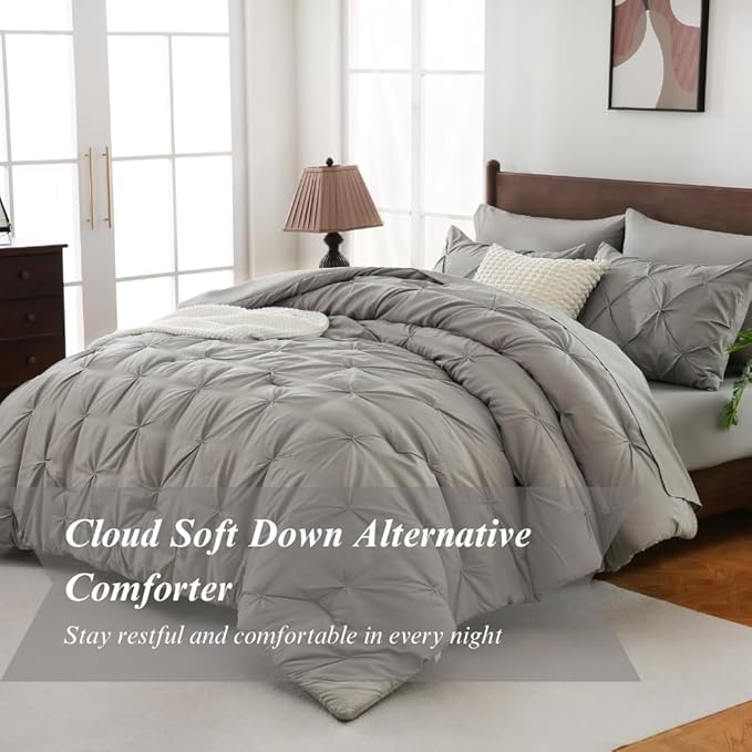 Sheet&Joy King Size Comforter Set, 7-Piece Bed in a Bag, Pintuck Bedding Set for All Season, Includes Comforter, Flat Sheet, Fitted Sheet, Pillowcases and Pillowshams, Grey