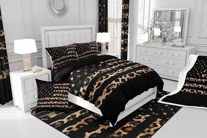 Feelyou American Flag Leopard Kids Comforter Set Full Size Hunting Bedding Set Brown Cheetah Print Duvet Quilt for Kids Boys Girls Bedroom Animal Fur Decor Microfiber Ultra Soft Breathable