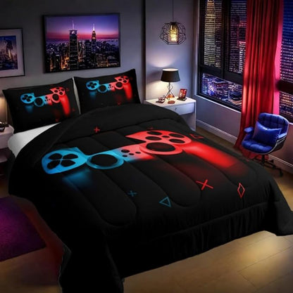 Erosebridal Gaming Comforter Set Twin Size for Boys Kids Game Room Decor Video Game Gamer Comforter Man Teens Bedroom Gamepad Bedding Set All Season,Black Blue Red
