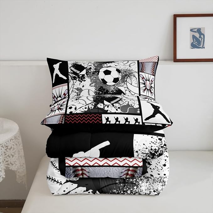 Feelyou Football Comforter Set Full Size Basketball Comforter for Boys Girls Teens Rugby Sports Bedding Set Baseball Duvet Set Room Decor Balck White Grey Mixed Ball Quilt Set