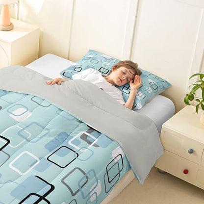 Erosebridal Aqua Geometric Square Toddler Bedding Set Modern Stripes Aesthetic Comforter Set for Kids Girls Boys Modern Gradient Ombre Down Comforter Soft Teal Grid Quilt Duvet