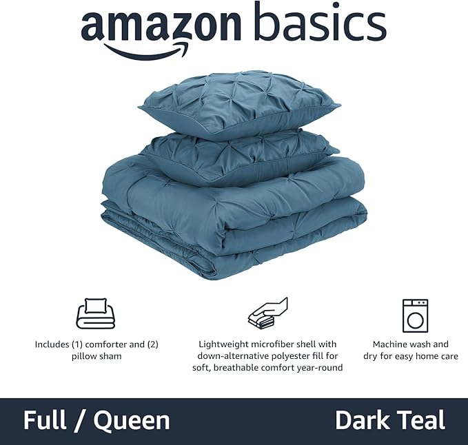Amazon Basics All-Season Down-Alternative 3-Piece Comforter Bedding Set with Microfiber Pillow Shams, Pinch Pleat Design, Full/Queen, Dark Teal