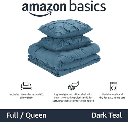 Amazon Basics All-Season Down-Alternative 3-Piece Comforter Bedding Set with Microfiber Pillow Shams, Pinch Pleat Design, Full/Queen, Dark Teal