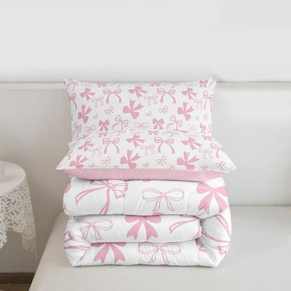 Erosebridal Pink Bow Bedding Set for Girls,Cute Kawaii Bowknot Comforter Set Full Size for Kids Teen Women,Romantic Coquette Bow Bedding Comforter Sets Dreamy Princess Style Bed Set