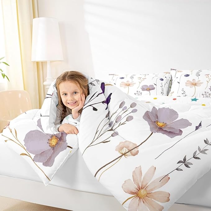 Erosebridal Watercolor Flower Bedding Set Twin, Plum Beige Floral Comforter Set for Teens Adult Women Bedroom, Modern Minimalist White Duvet Insert Branches Pastoral Down Comforter, 1 Pillow Case