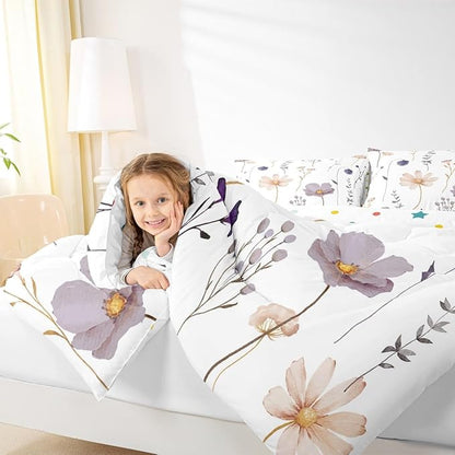 Erosebridal Watercolor Flower Bedding Set Twin, Plum Beige Floral Comforter Set for Teens Adult Women Bedroom, Modern Minimalist White Duvet Insert Branches Pastoral Down Comforter, 1 Pillow Case