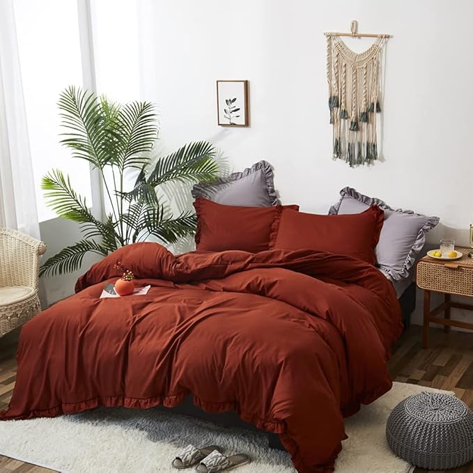CLOTHKNOW Rust Ruffles King Size Comforter Set Burnt Orange Bedding Comforter Sets Soft Shabby Chic Comforter Vintage Rustic Comforter with 2 x Pillow Cases