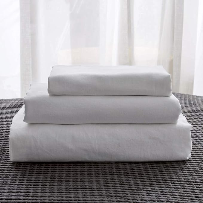 Simple&Opulence Belgian Linen Sheet Set Solid Color - 4 Pieces (1 Flat Sheet, 1 Fitted Sheet & 2 Pillowcases) Natural Flax Cotton Blend Soft Breathable Farmhouse Bedding - Full Size, White