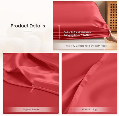 THXSILK 6A+ Top Grade 100% Pure Mulberry Silk Cal. King Fitted Sheet 3Pcs Set Bed Sheets Luxury Bedding for Hair and Skin Breathable Cooling Natural Materials, 1 Fitted Sheet with 2 Pillowcases, Red