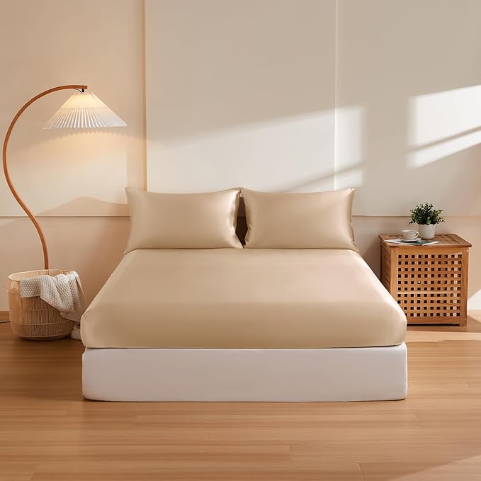 THXSILK 6A+ Top Grade 100% Pure Mulberry Silk Cal. King Fitted Sheet 3Pcs Set Bed Sheets Luxury Bedding for Hair and Skin Cooling Soft Durable, 1 Fitted Sheet with 2 Pillowcases, Champagne