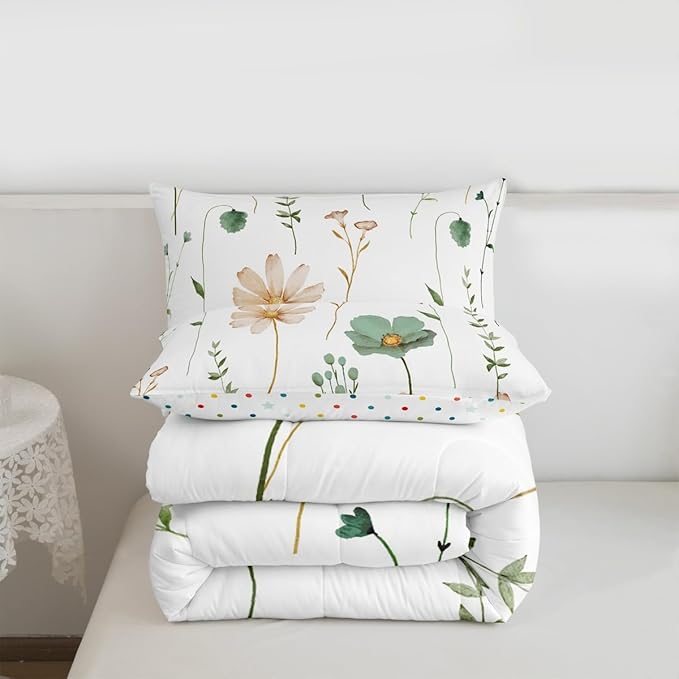 Erosebridal Watercolor Floral Comforter Set Queen, Sage Green Beige Flower Bedding Set for Girls Teens Adult Women Bedroom, Modern Minimalist White Down Comforter Pastoral Branches Aesthetic Quilt
