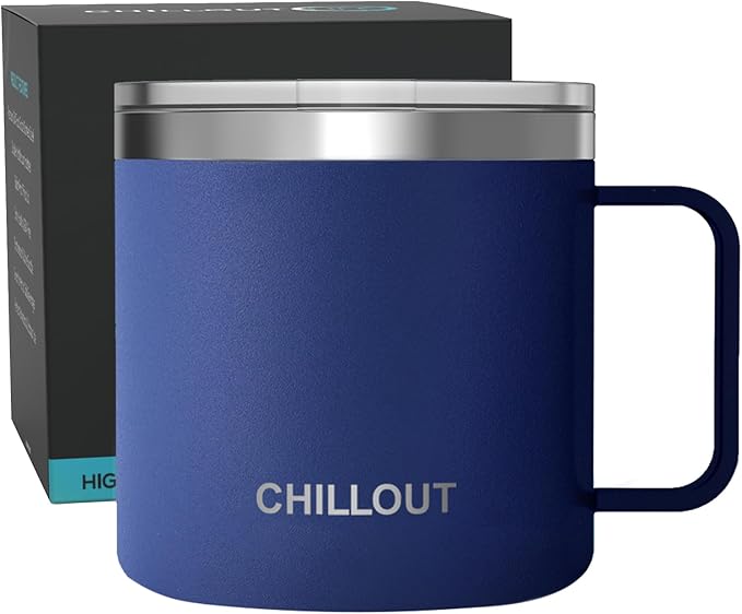 CHILLOUT LIFE Stainless Steel 16 oz Vacuum Insulated Coffee Mug with Handle and Lid, Large Thermal Camping Coffee Mug Cup with Durable Sliding Top for Men & Women - Keeps Beverages Hot/Cold