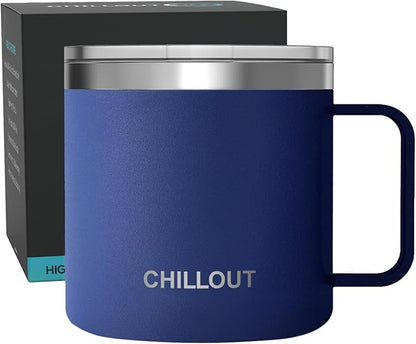 CHILLOUT LIFE Stainless Steel 16 oz Vacuum Insulated Coffee Mug with Handle and Lid, Large Thermal Camping Coffee Mug Cup with Durable Sliding Top for Men & Women - Keeps Beverages Hot/Cold