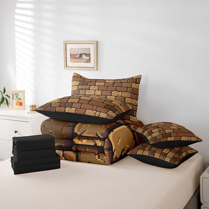 Castle Fairy Miner Square 7 Piece Comforter Set Queen Size,Pixelated Theme All Season Reversible Bed in a Bag Video Games Bedding Sets Brown Pixel Style Flat Sheet,Fitted Sheet,Pillowcases