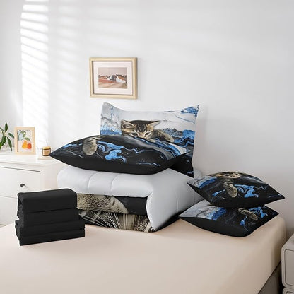 Erosebridal Blue Marbling Cat Bedding Set Watercolor Marble Printed Comforter Sets with Sheets Cartoon Cat Pet Animal Bed Set Luxuary Retro Artwork Tie Dye Bed in A Bag (Twin,7 Pieces)