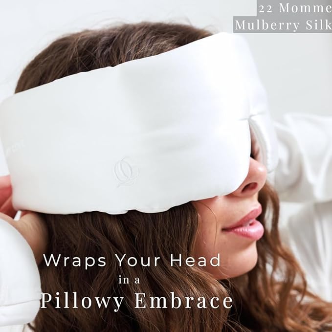 Padded Silk Sleep Mask, Total Blackout Liner Blocks Light, Lightweight, 100% Silk 22 Momme, Soft Lightweight Stuffing Feels Like a Cloud on Your Eyelids (Pearl White)